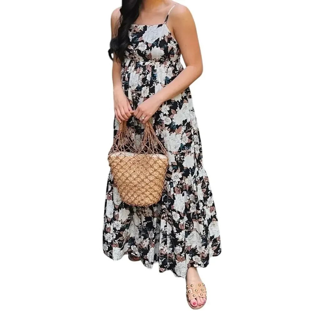 Abercrombie Fitch Cottage Boho Garden Babydoll Cotton Floral Tiered Maxi Dress L